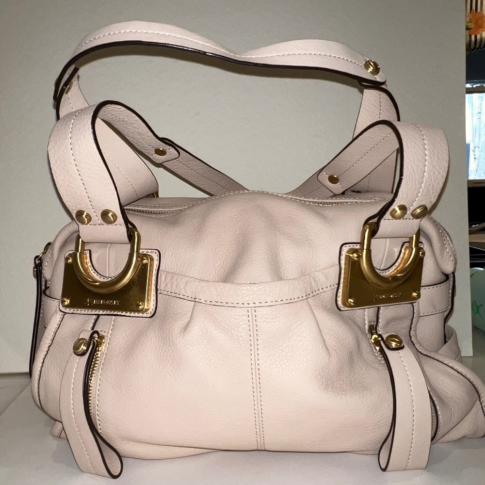 b. makowsky East/West Leather Satchel in Cream